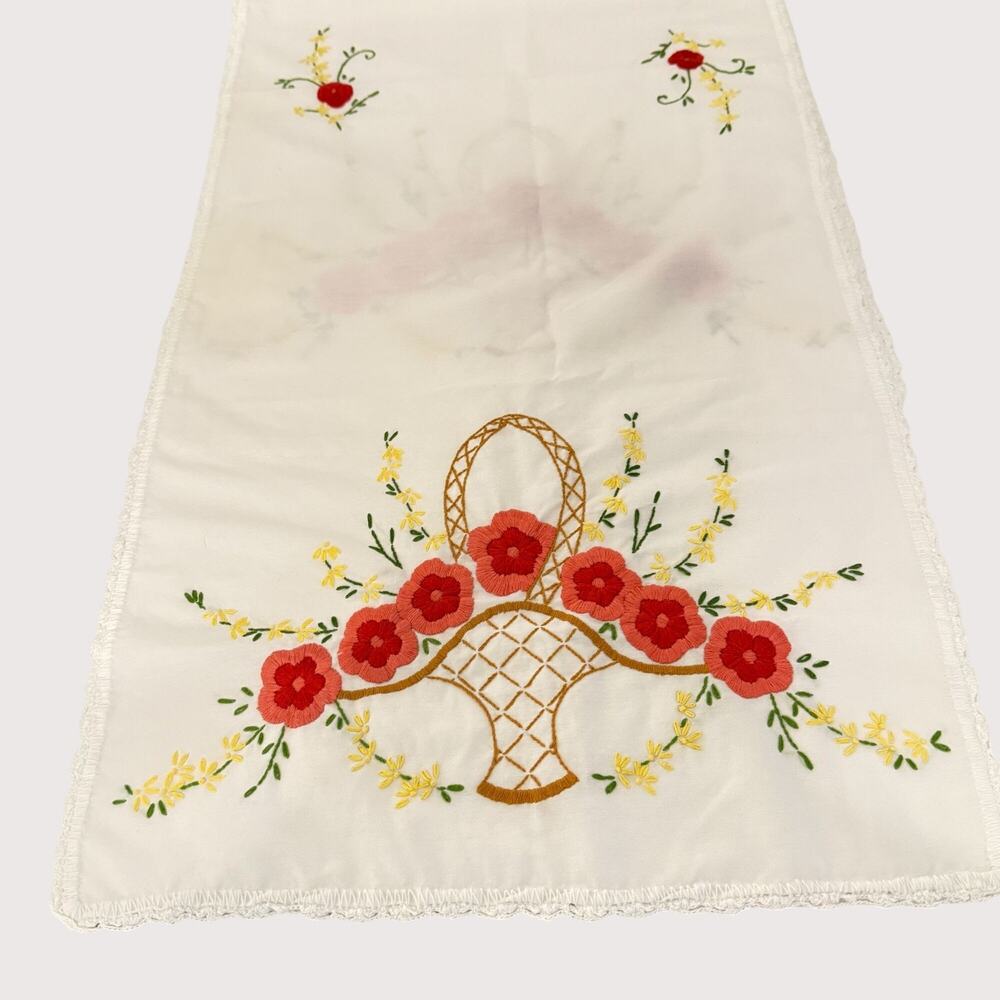 Embroidered Linen Floral‎ Basket Tea Towel Vintage Charm Kitchen Hand Towel